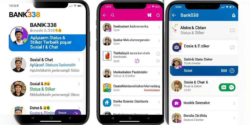 Tampilan aplikasi BANK338 dengan berbagai stiker menarik.